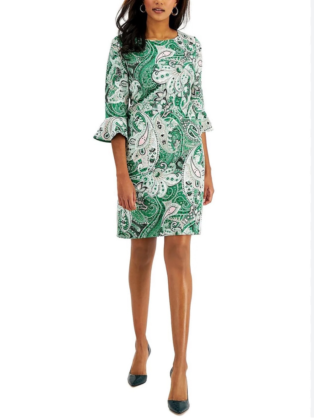 Kasper Printed Ruffle-Sleeve Sheath Green Paisley Print Dress artsy office sz 12 - Picture 3 of 16